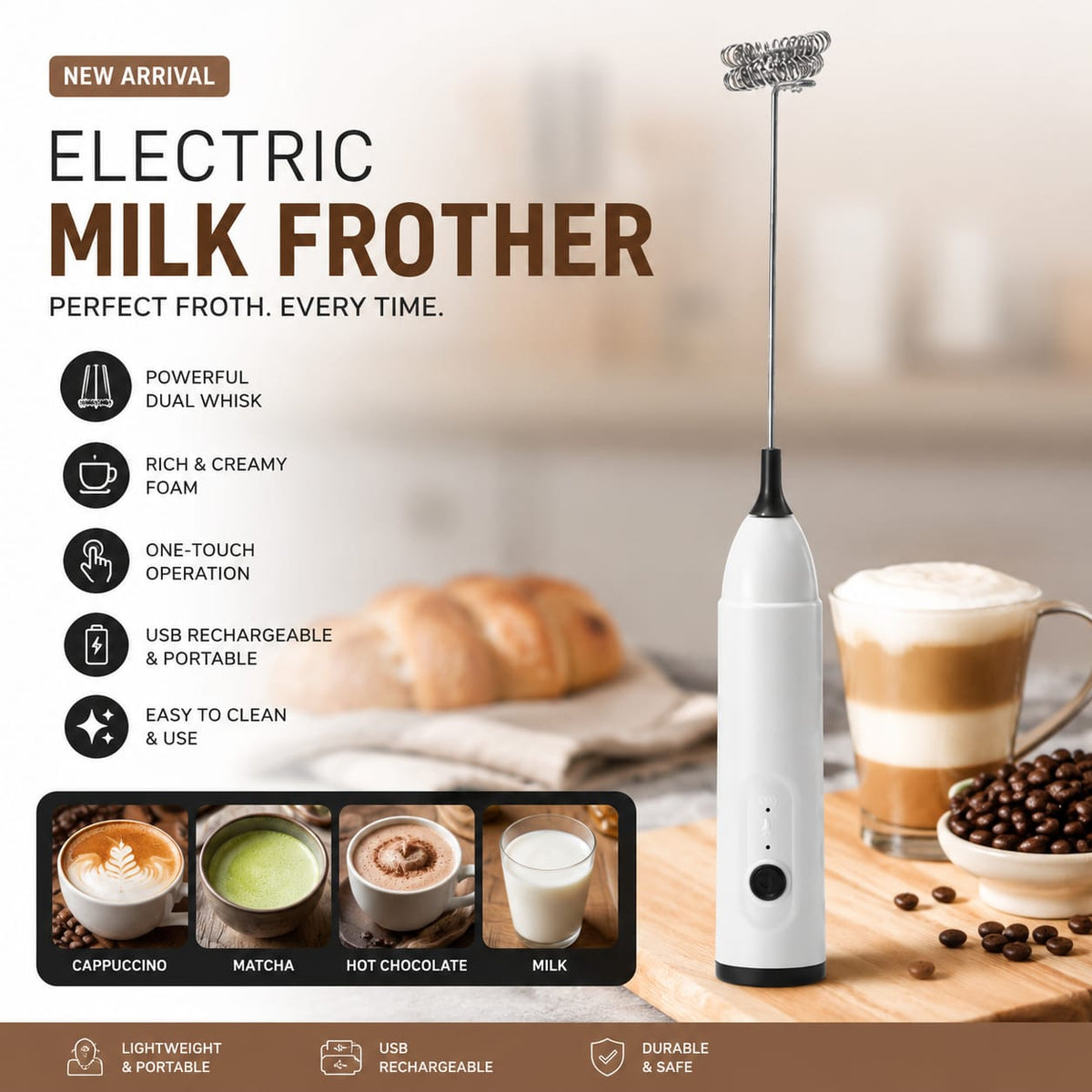 Electric Milk Frother USB Rechargeable Handheld Coffee Foam Maker with Dual Whisk