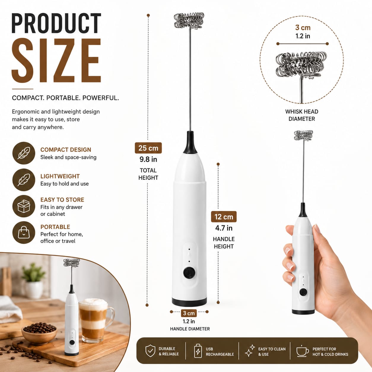 Electric Milk Frother USB Rechargeable Handheld Coffee Foam Maker with Dual Whisk
