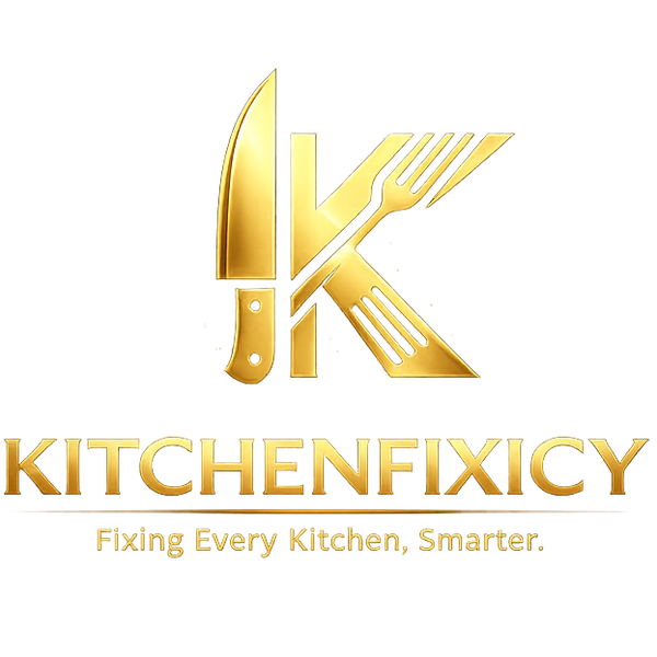 Gold 'Kitchenfixicy' logo with a fork and knife design on a white background